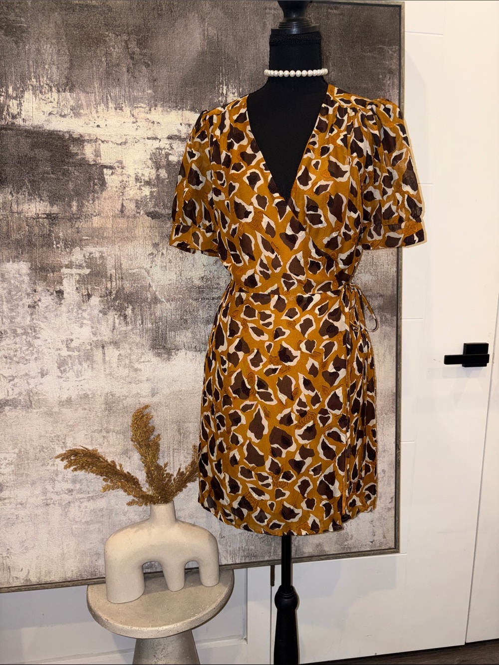 J.O.A. Mustard and Brown Animal Print Wrap Mini Dress